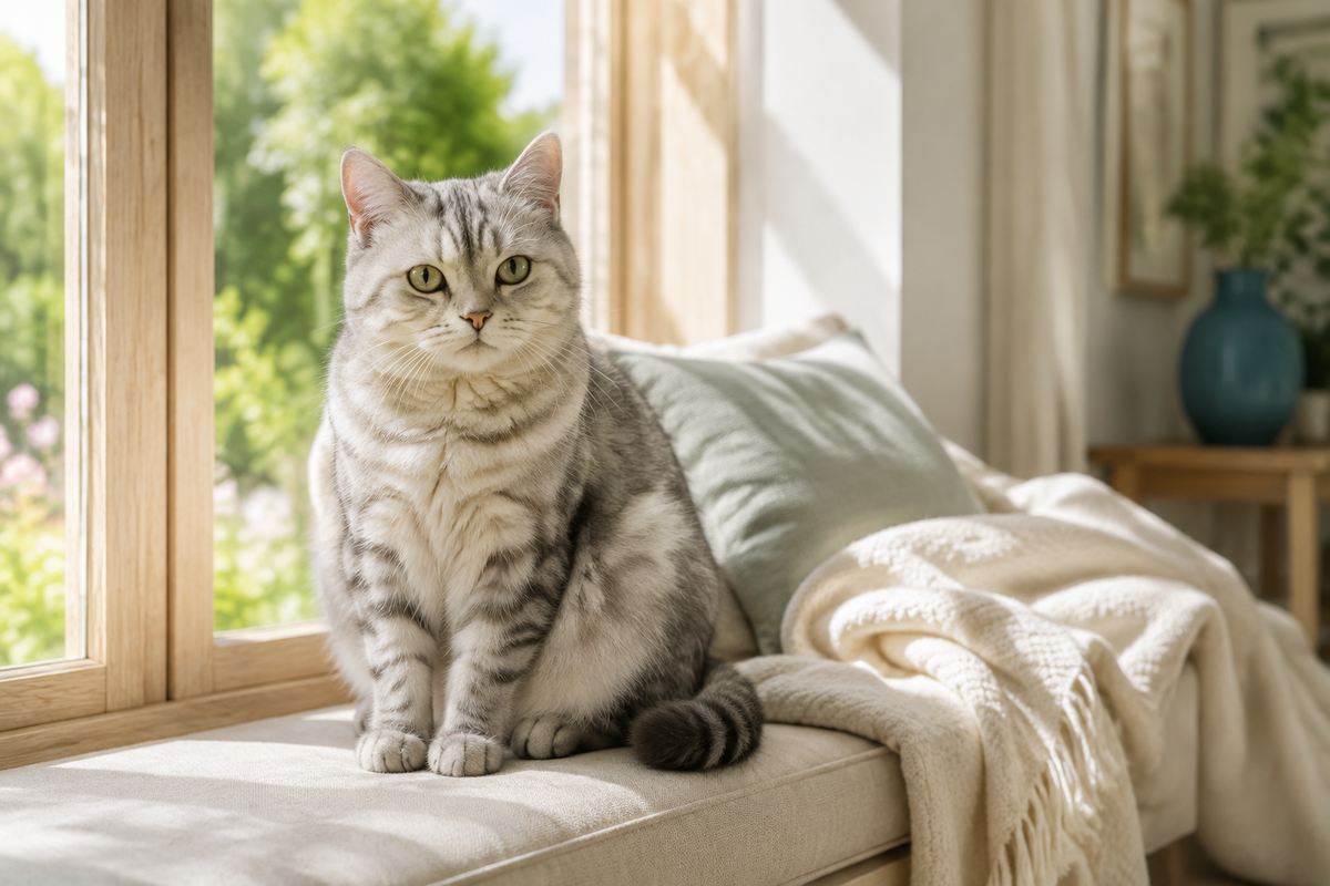 A silver tabby cat on a cream window seat in a sunlit home
