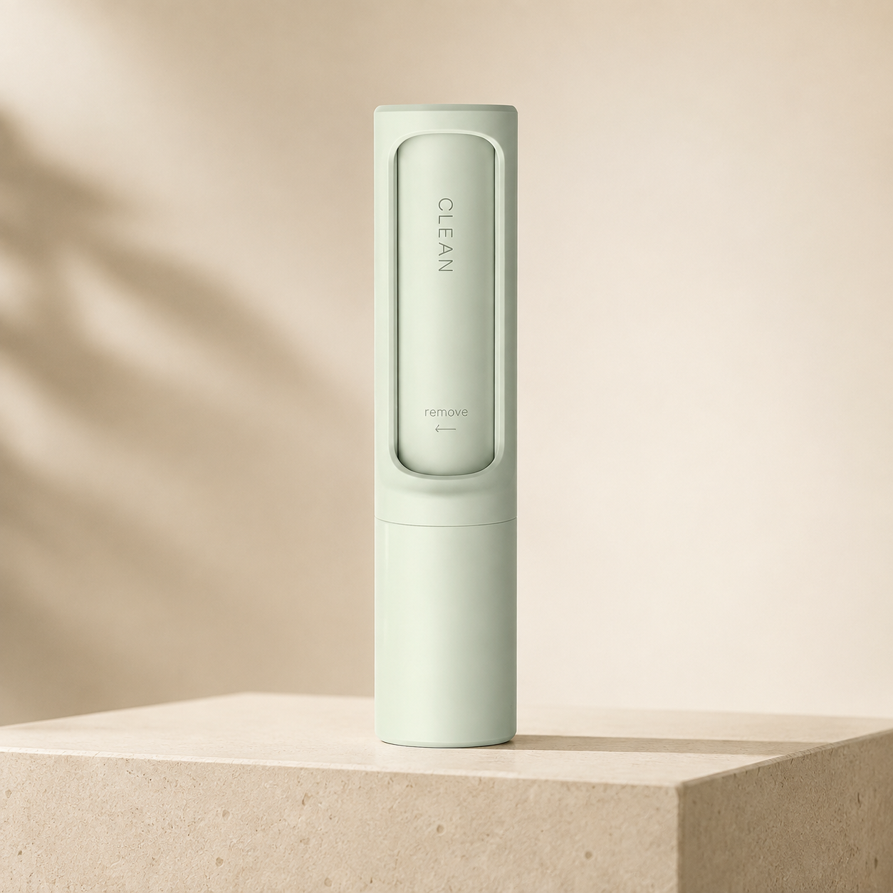 Fresh Sweep green fabric hair-removal brush, shown closed in a styled cream studio setting