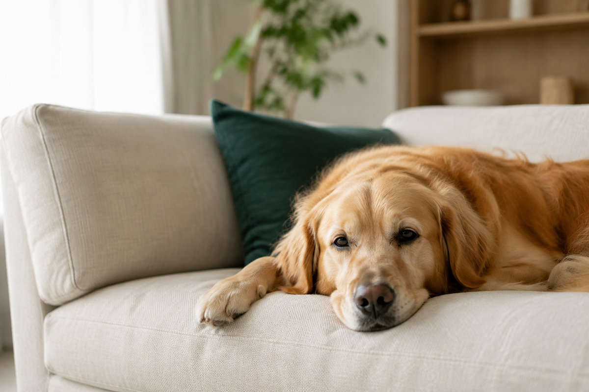 A golden retriever resting on an ivory sofa beside a teal cushion